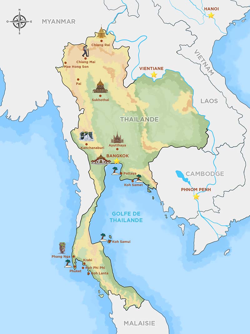 Carte touristique de la Thaïlande : version COMPLÈTE des sites à visiter